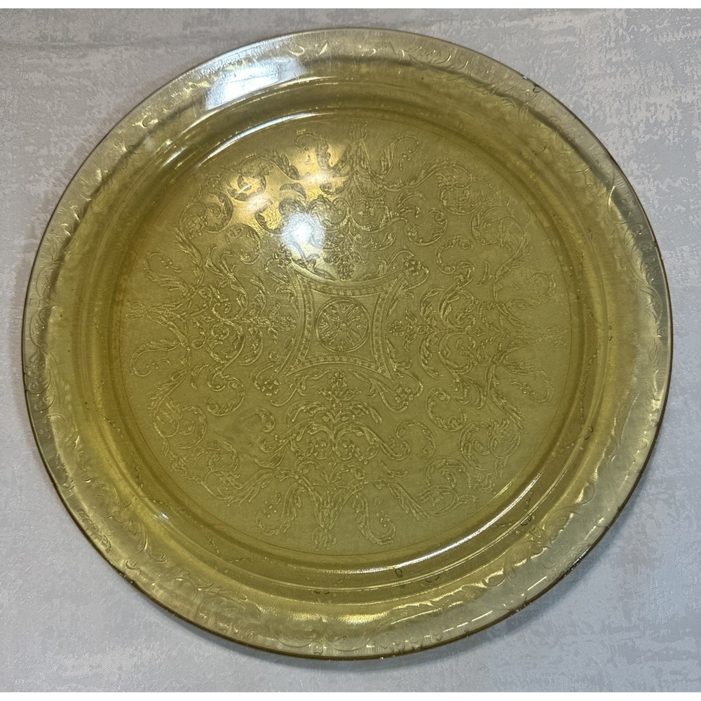 VTG Yellow‎ Lace Depression Glass Cake Serving Tray  THICK Round 11.5"